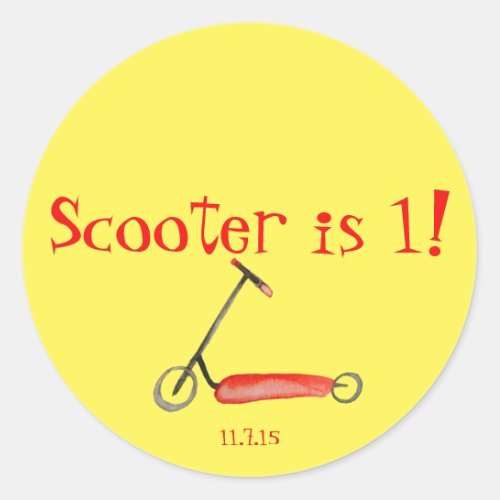Little Red Scooter on Lemon Childs Birthday Classic Round Sticker