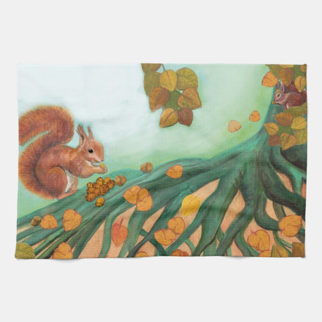Little Red Squirrel Eats Hazelnuts Illustration Kitchen Towel (Horizontal)