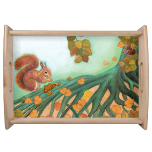 Little Red Squirrel Eats Hazelnuts Illustration Serving Tray