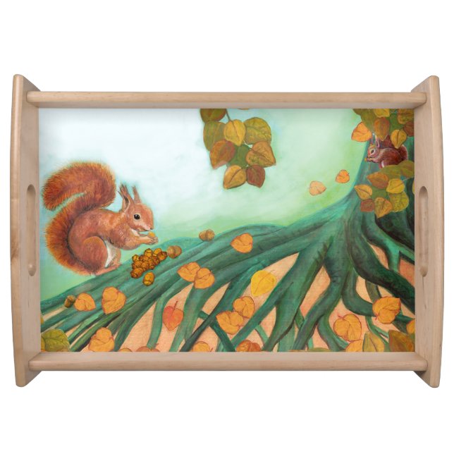 Little Red Squirrel Eats Hazelnuts Illustration Serving Tray (Front)