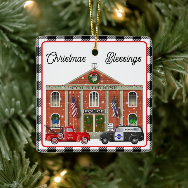 Little Red Truck and Courthouse Police Station Ceramic Ornament (Tree)