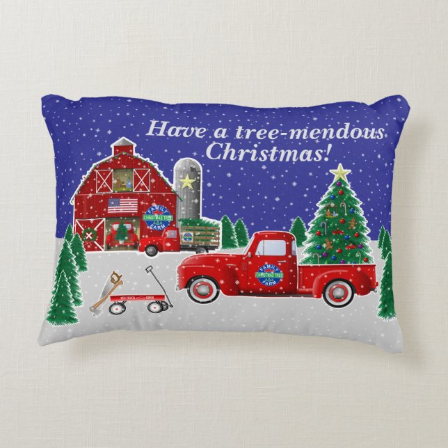 Little Red Truck Christmas Tree Farm and Barn Accent Pillow (Back)
