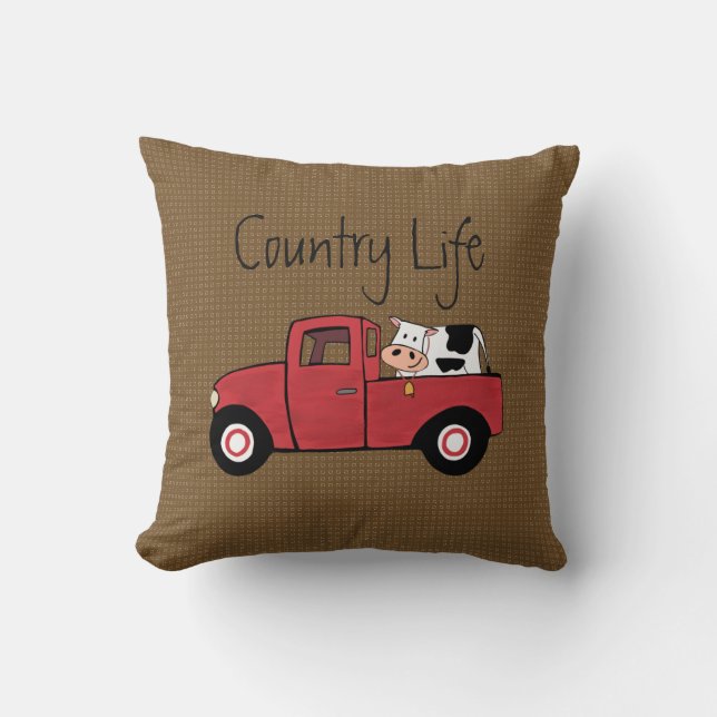 Little Red Truck Country Cow Throw Pillow 16" x16" (Front)