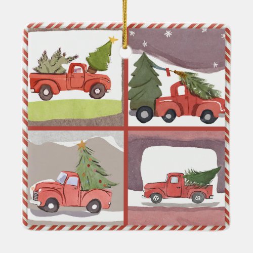 Little Red Truck hauling a Christmas Tree AI Ceramic Ornament