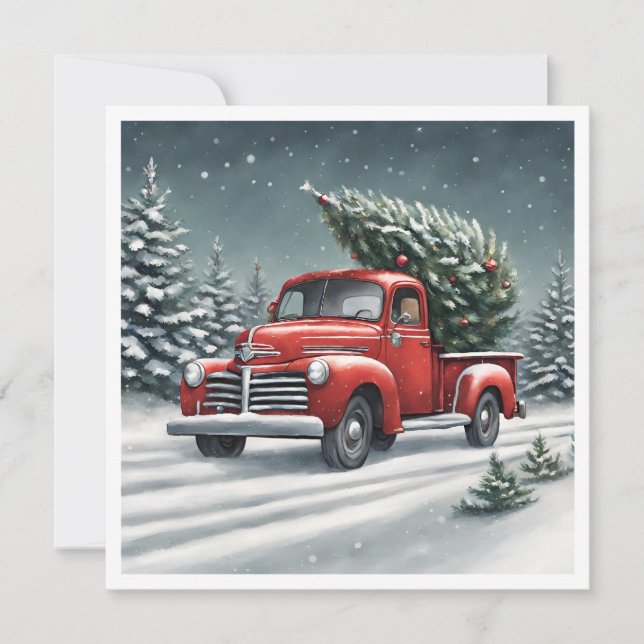 Little Red Truck hauling a Christmas Tree Invitation (Front)