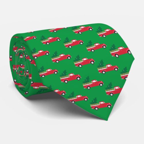 Little Red Truck Hauling Christmas Tree Neck Tie