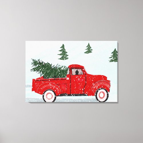 Little Red Truck With Christmas Tree  Canvas Print