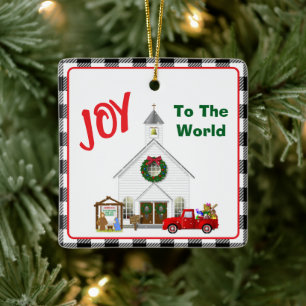 Little Red Truck with Country Church Ceramic Ornament