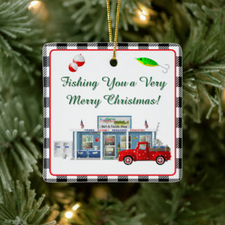 Little Red Truck with Fishing Tackle Shop Ceramic Ornament