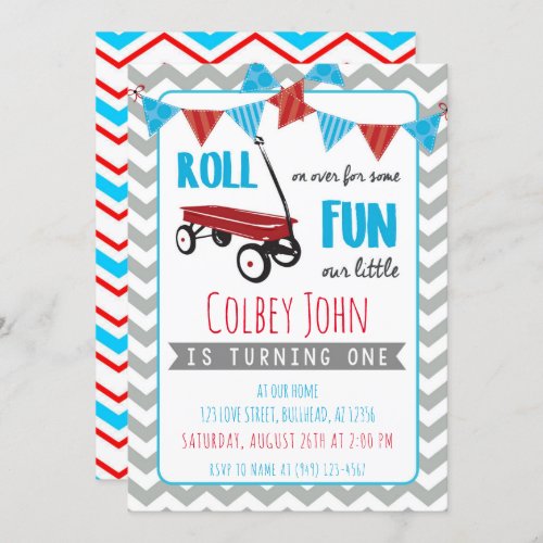 Little Red Wagon Boys 1st Birthday Grey chevron Invitation