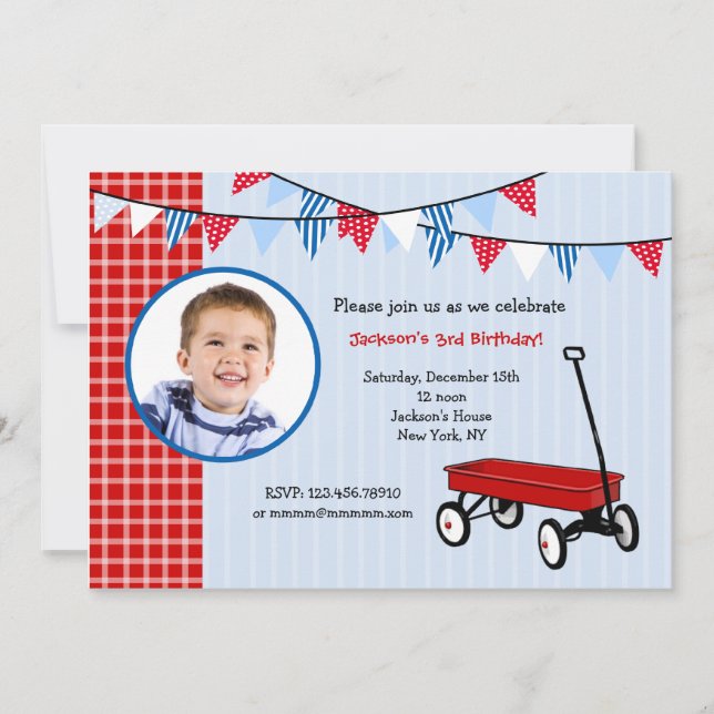 Little Red Wagon Photo Birthday Party Invitations (Front)