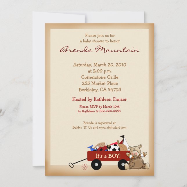 Little Red Wagon Sports Theme Boy Baby Shower Invitation (Front)