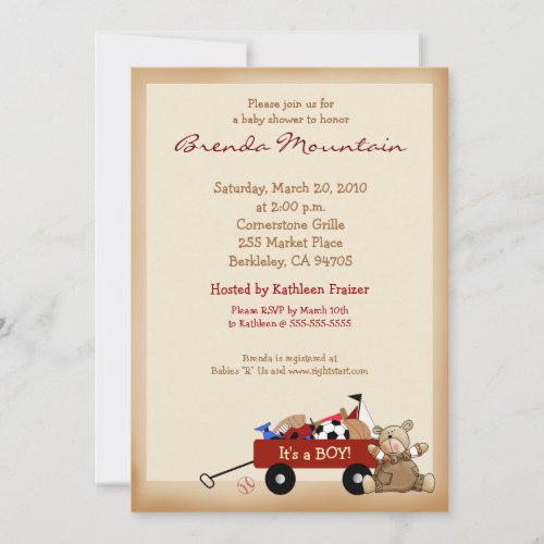 Little Red Wagon Sports Theme Boy Baby Shower Custom Announcement
