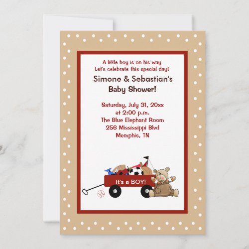 Little Red Wagon &amp; Teddy Bear 5x7 Invite 2-sided