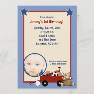 Little Red Wagon Teddy Bear Photo Invitation