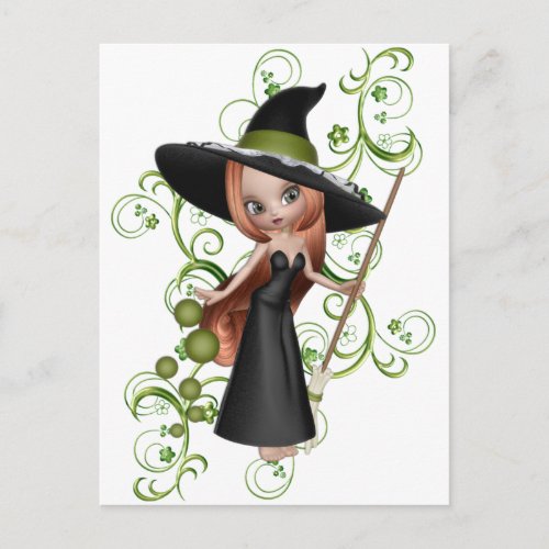 Little Redhaired Witch with Green Vines Design Postcard
