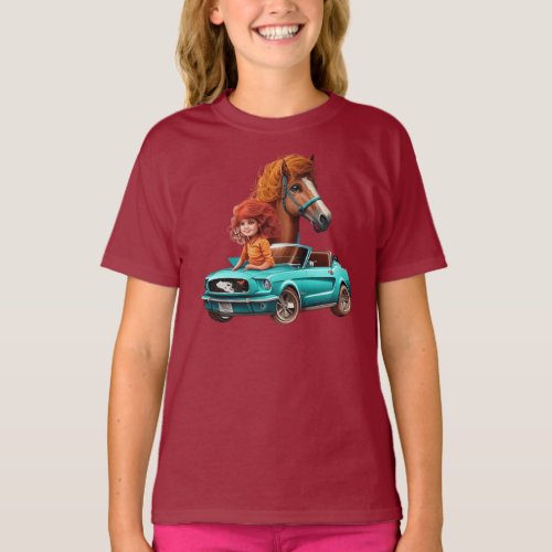 Little Redhead Girl With Mustang Car Pony Horse T_Shirt