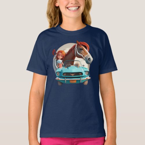 Little Redhead Girl With Mustang Car Pony Horse T_Shirt