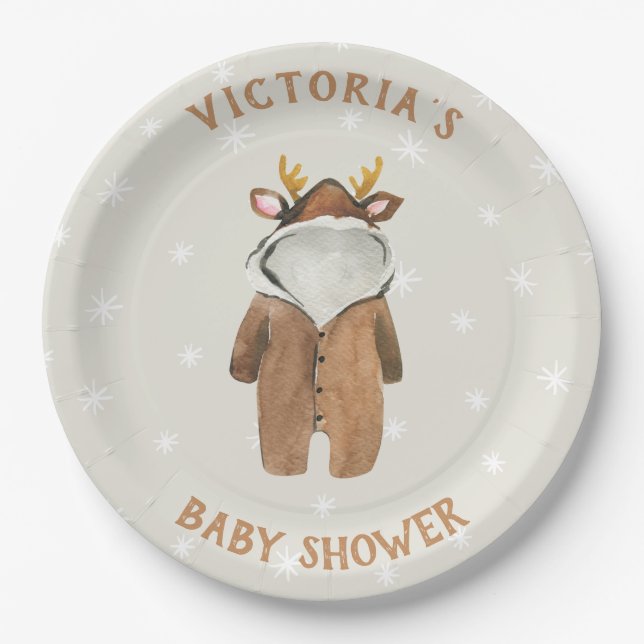 Little Reindeer Christmas Winter Baby Shower Paper Plates (Front)