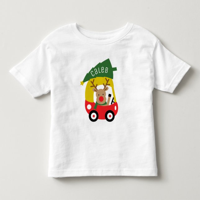 Little Reindeer Red Car & Christmas Tree Kids Baby Toddler T-shirt (Front)