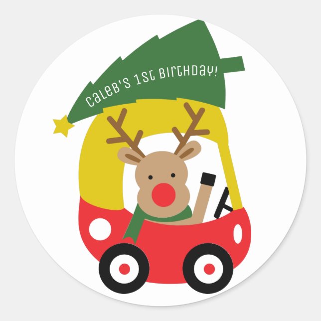 Little Reindeer Red Car Christmas Tree Kids Party Classic Round Sticker (Front)