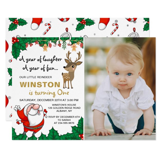 Little Reindeer Santa Christmas Birthday Photo Invitation