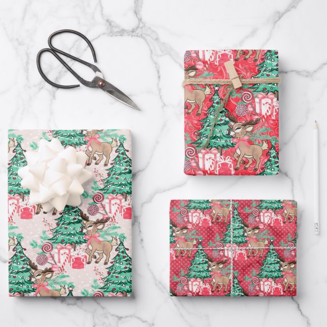 Little Reindeer With Christmas Tree Wrapping Paper (Front)