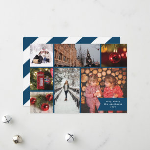 Little Ribbon Multi Photo Christmas Blue Stripe  Holiday Card