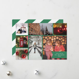Little Ribbon Multi Photo Christmas Green Stripe  Holiday Card