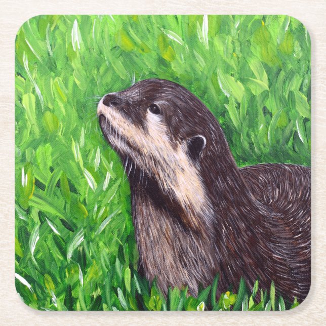 Little River Otter Painting Square Paper Coaster (Front)