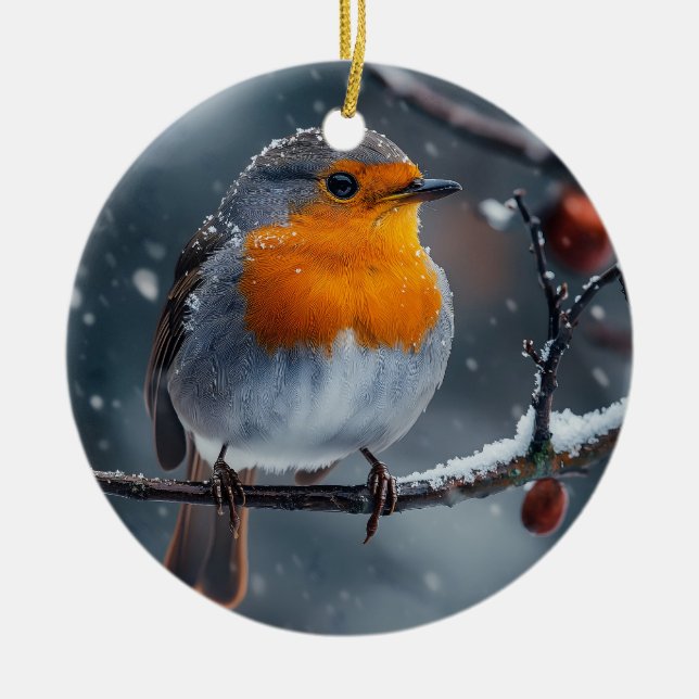 Little robin bird sitting on a branch at winter ceramic ornament (Front)
