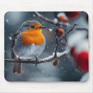 Little robin bird sitting on a branch at winter mouse pad