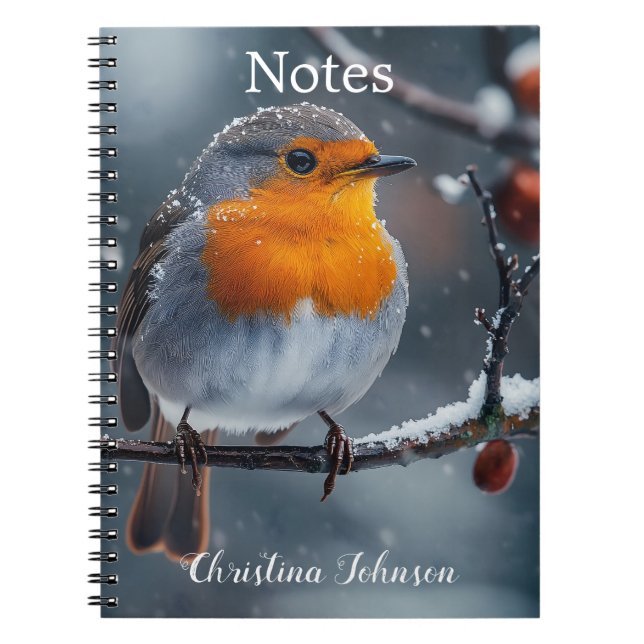 Little robin bird sitting on a branch at winter notebook (Front)