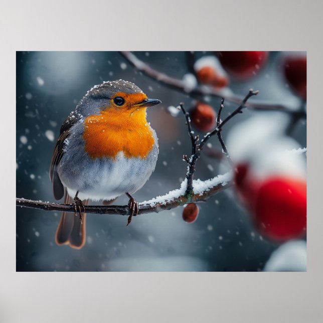 Little robin bird sitting on a branch at winter poster (Front)
