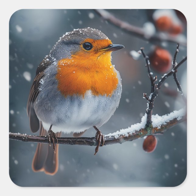 Little robin bird sitting on a branch at winter square sticker (Front)