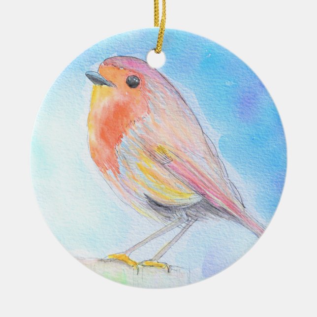 Little Robin Watercolour Painting Ceramic Ornament (Front)