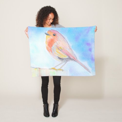 Little Robin Watercolour Painting Fleece Blanket