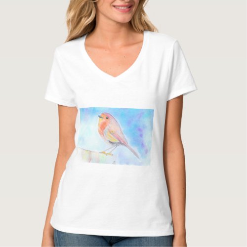 Little Robin Watercolour Painting T_Shirt