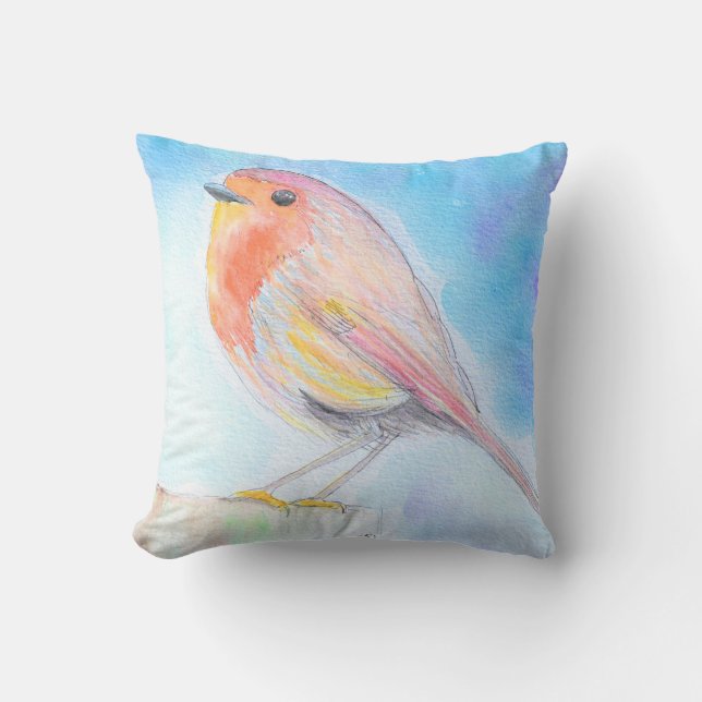 Little Robin Watercolour Painting Throw Pillow (Front)