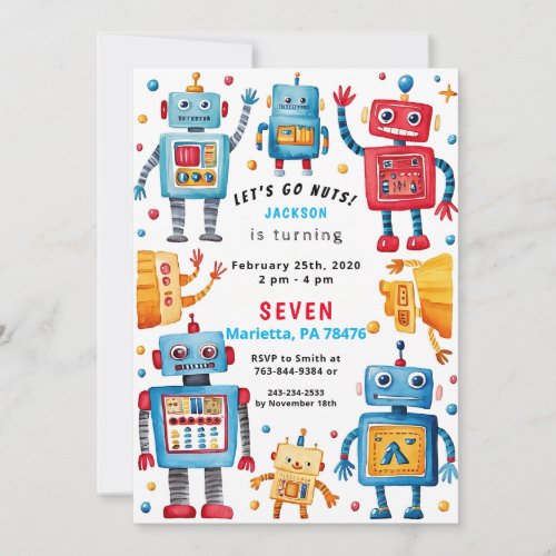 Little Robot Colorful Kids Birthday Party Invitation