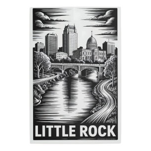Little Rock Arkansas Skyline Black White Woodcut Metal Print