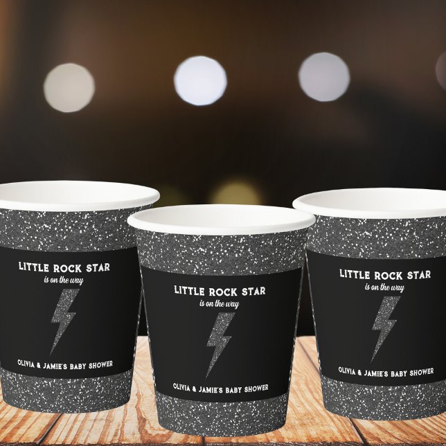Little Rock Star Black Glitter Baby Shower Paper Cups (little rock star baby shower paper cups black glitter flash rock and roll)
