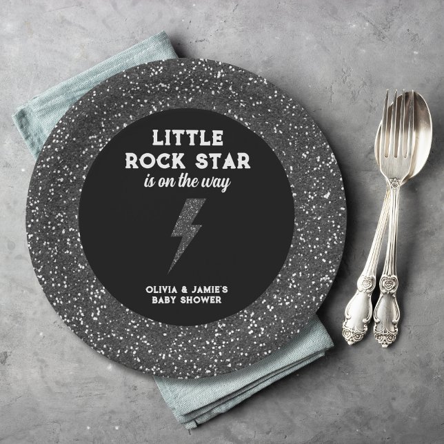 Little Rock Star Black Glitter Edgy Baby Shower Paper Plates (little rock star baby shower paper plates black glitter flash rock and roll)