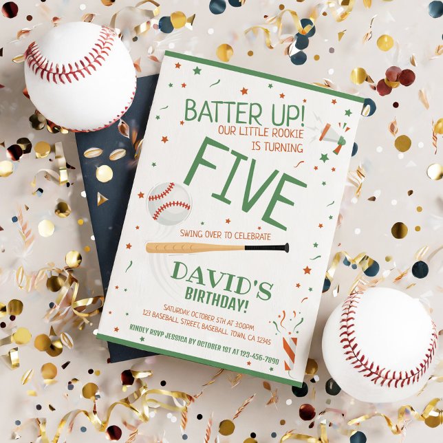 Little Rookie Batter Up Green Baseball Birthday Invitation (Creator Uploaded)