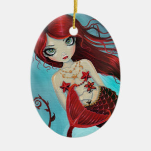 Little Ruby Red Mermaid Fantasy Art Ceramic Ornament