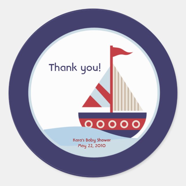 Little Sailboat Navy Boat Baby Shower Favor Classic Round Sticker (Front)