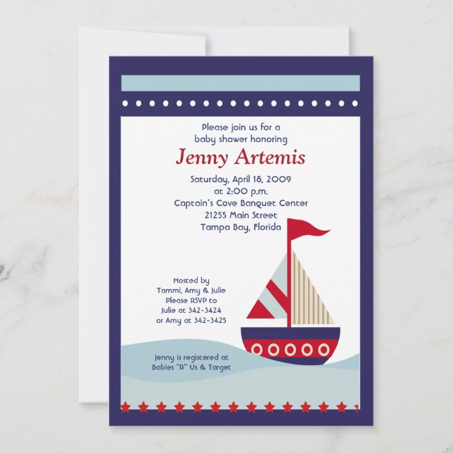Little Sailboat Navy Boat Nautical Baby Shower 5x7 Invitation (Front)