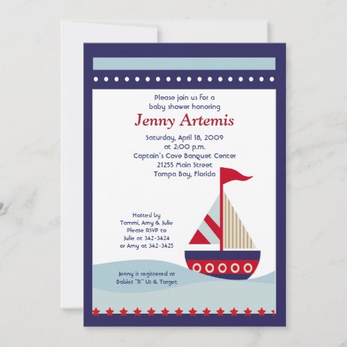 Little Sailboat Navy Boat Nautical Baby Shower 5x7 Custom Announcement