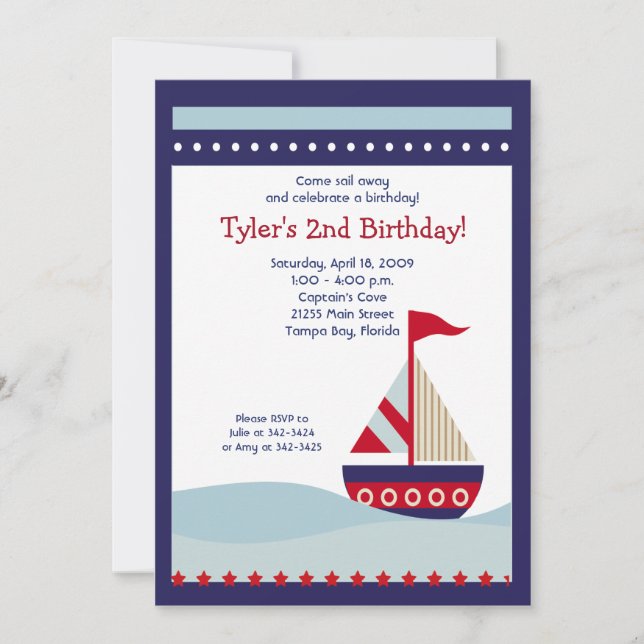 Little Sailboat Navy Boat Nautical Birthday 5x7 Invitation (Front)