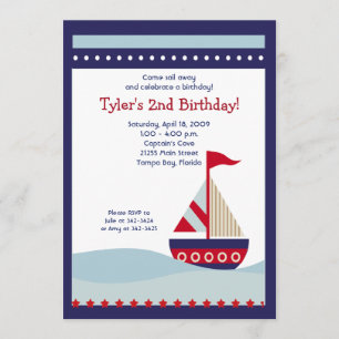 Little Sailboat Navy Boat Nautical Birthday 5x7 Invitation